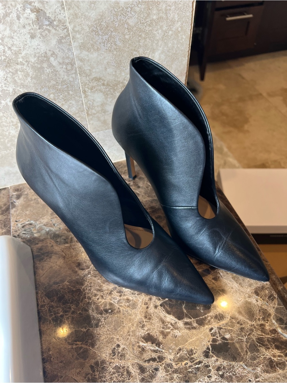 Mango Black Leather Pointed Cutout Ankle Booties